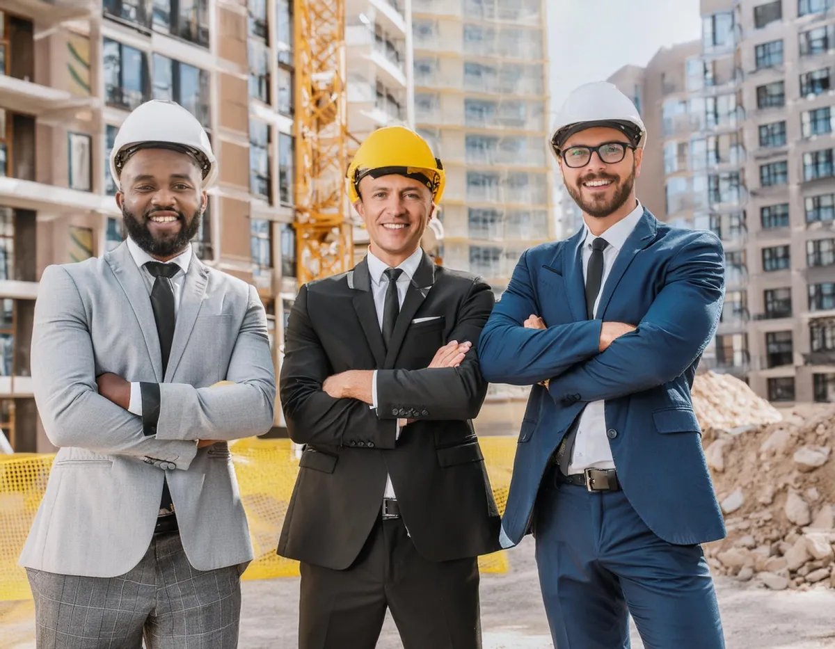 L’équipe DECENALIA en costume et casque de chantier devant un immeuble en construction